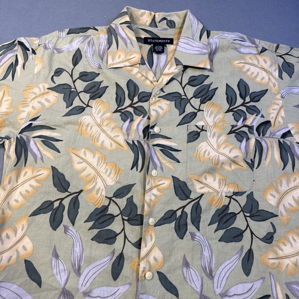 Statements Men Shirt Size L Collar Short-Sleeve Button-Up Linen-Blend Hawaiian